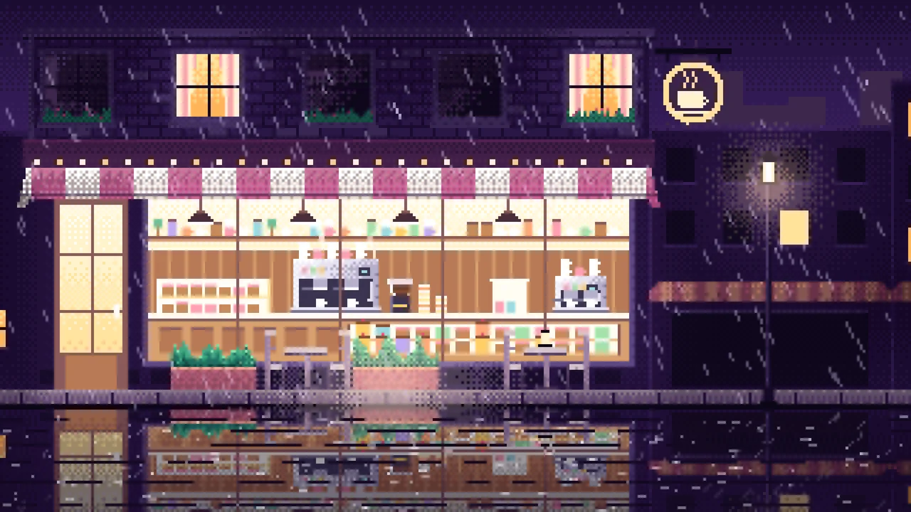 Dark Purple Pixel Art Coffee Shop at Night in the Rain desktop wallpaper in 4K
