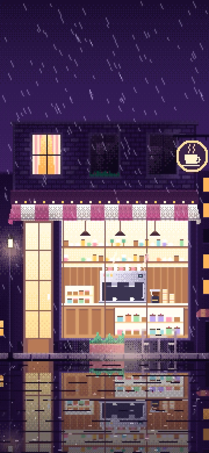 Dark Purple Pixel Art Coffee Shop at Night in the Rain wallpaper for iPhone and Android