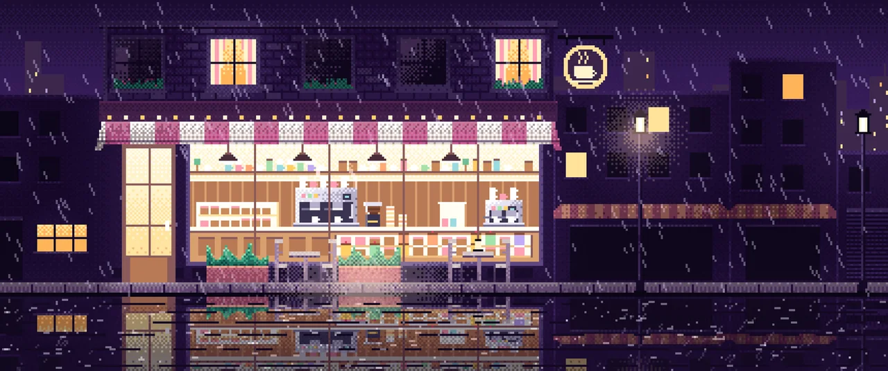 Dark Purple Pixel Art Coffee Shop at Night in the Rain ultrawide wallpaper, 3440 × 1440