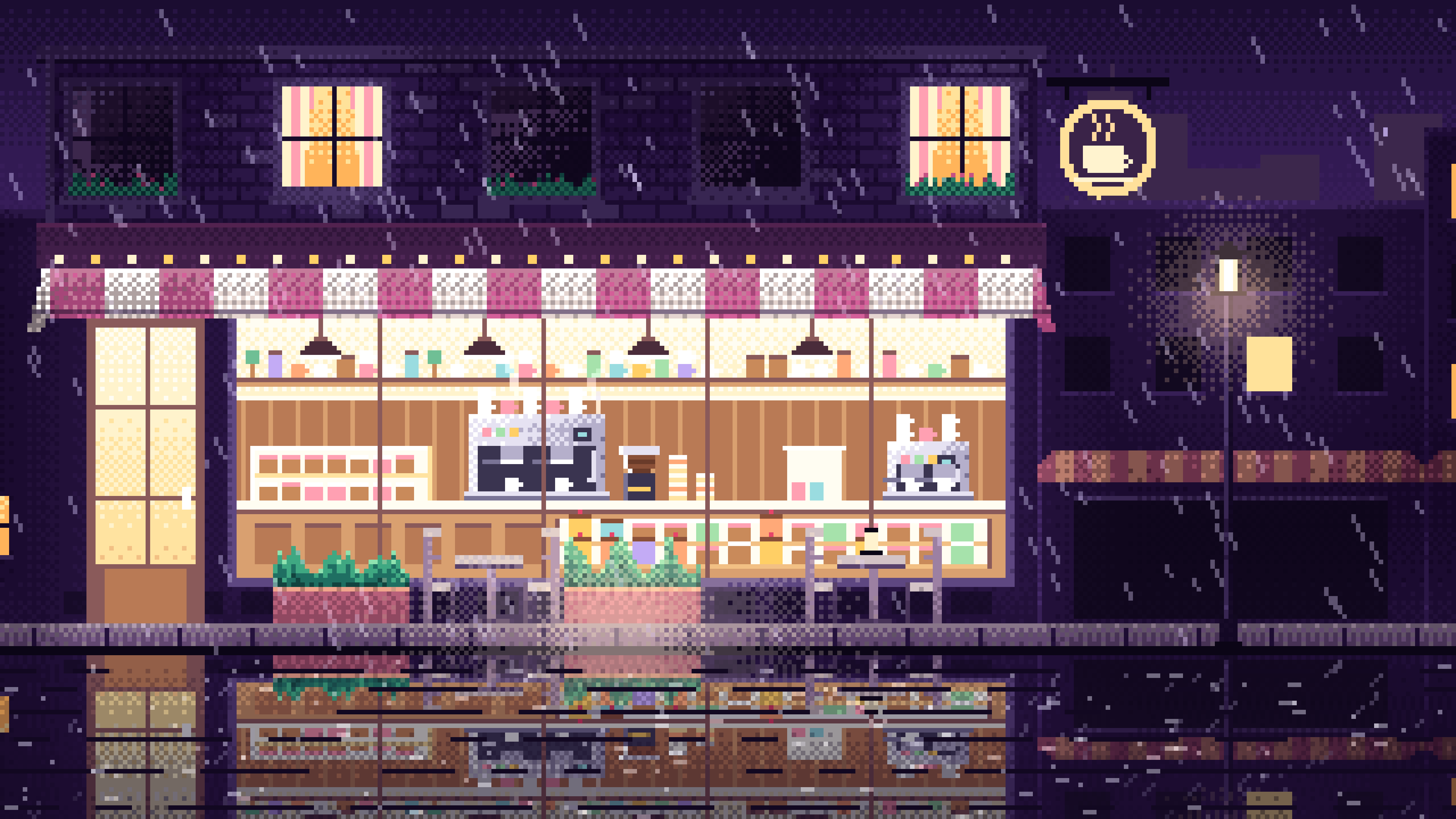 Dark Purple Pixel Art Coffee Shop at Night in the Rain desktop wallpaper in 4K