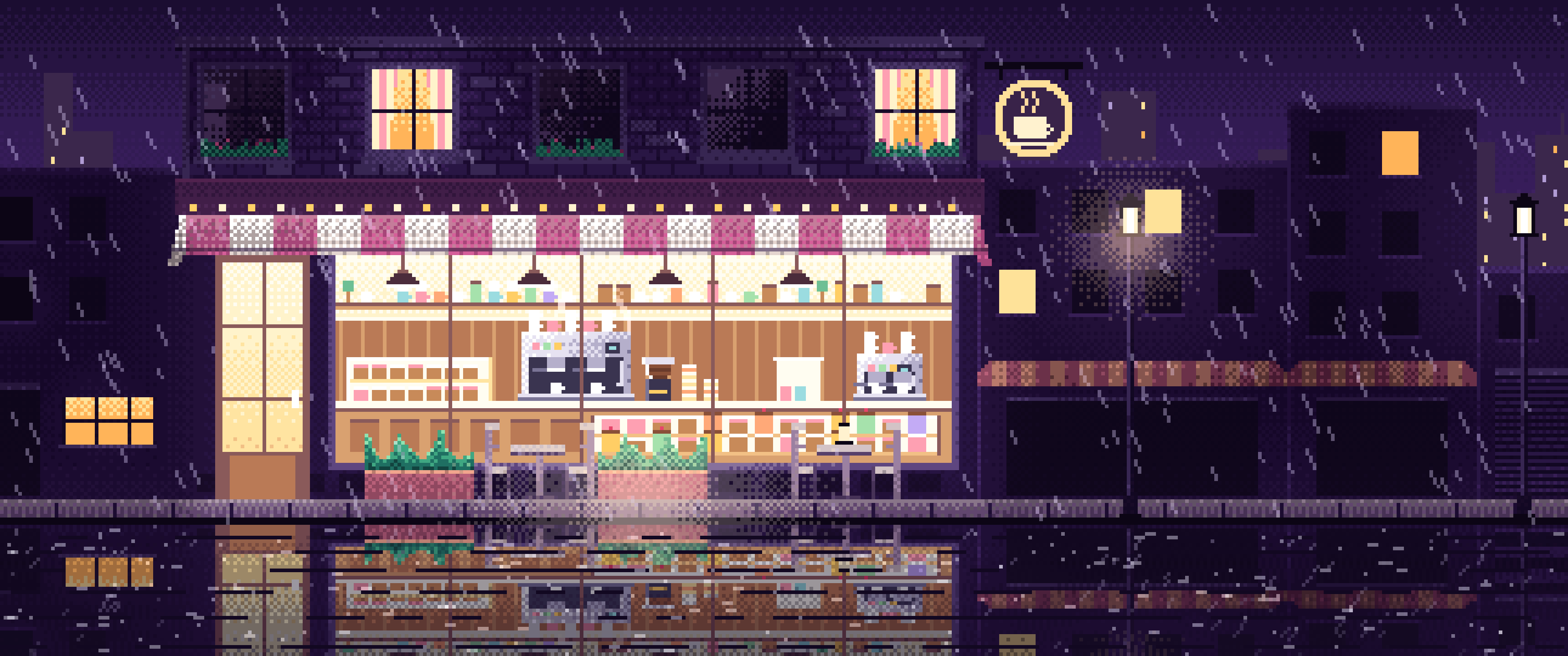 Dark Purple Pixel Art Coffee Shop at Night in the Rain ultrawide wallpaper, 3440 × 1440