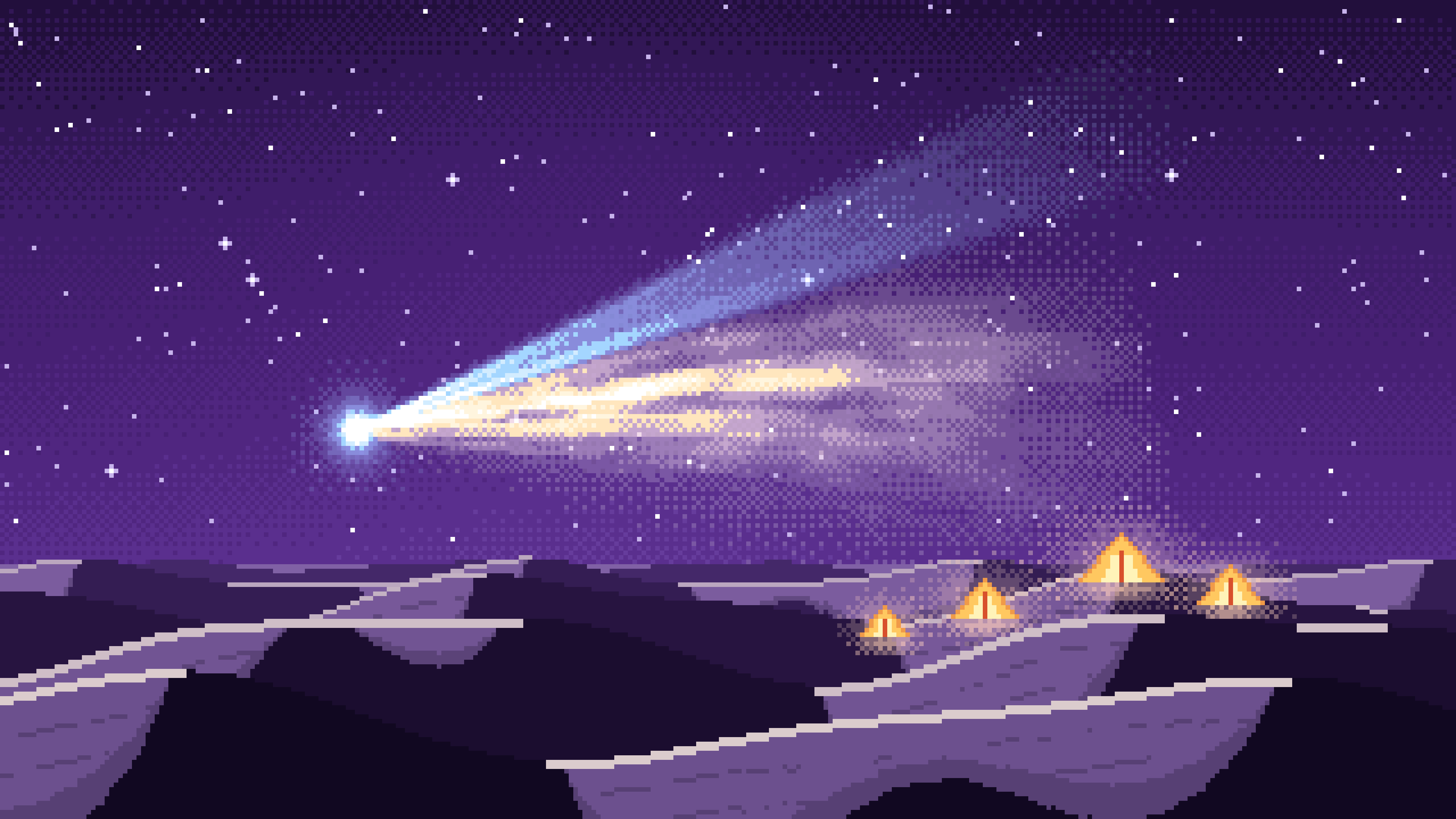 Dark Purple Pixel Art Comet Over the Desert desktop wallpaper in 4K