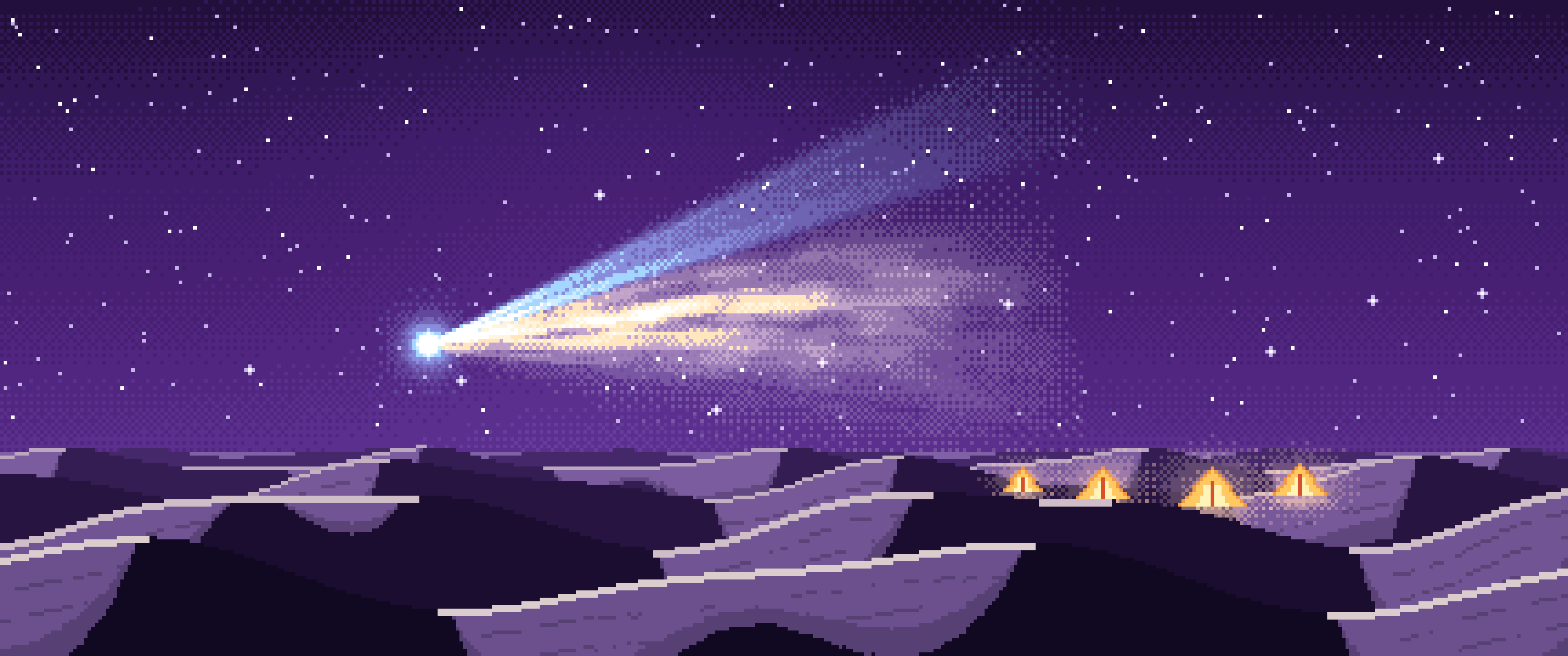Dark Purple Pixel Art Comet Over the Desert ultrawide wallpaper, 3440 × 1440