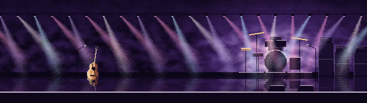 Dark Purple Pixel Art Concert Stage dual monitor wallpaper, 7680 × 2160
