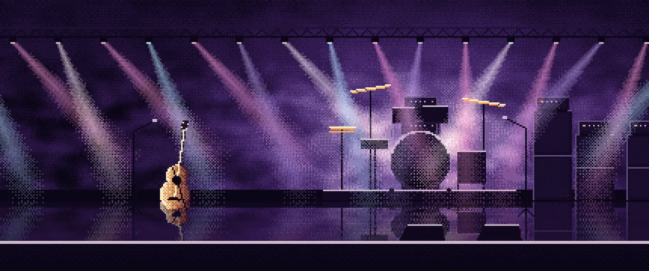Dark Purple Pixel Art Concert Stage ultrawide wallpaper, 3440 × 1440