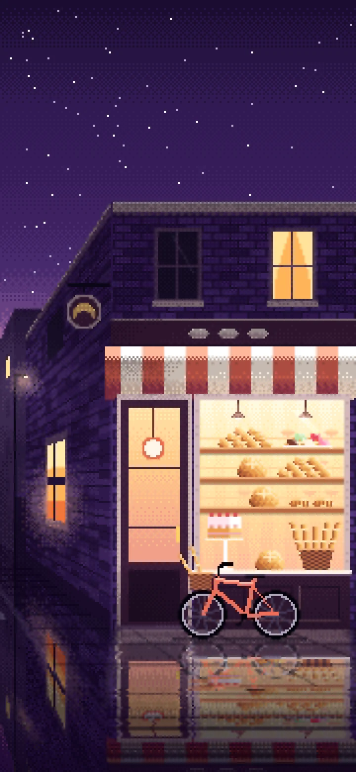 Dark Purple Pixel Art Corner Bakery wallpaper for iPhone and Android