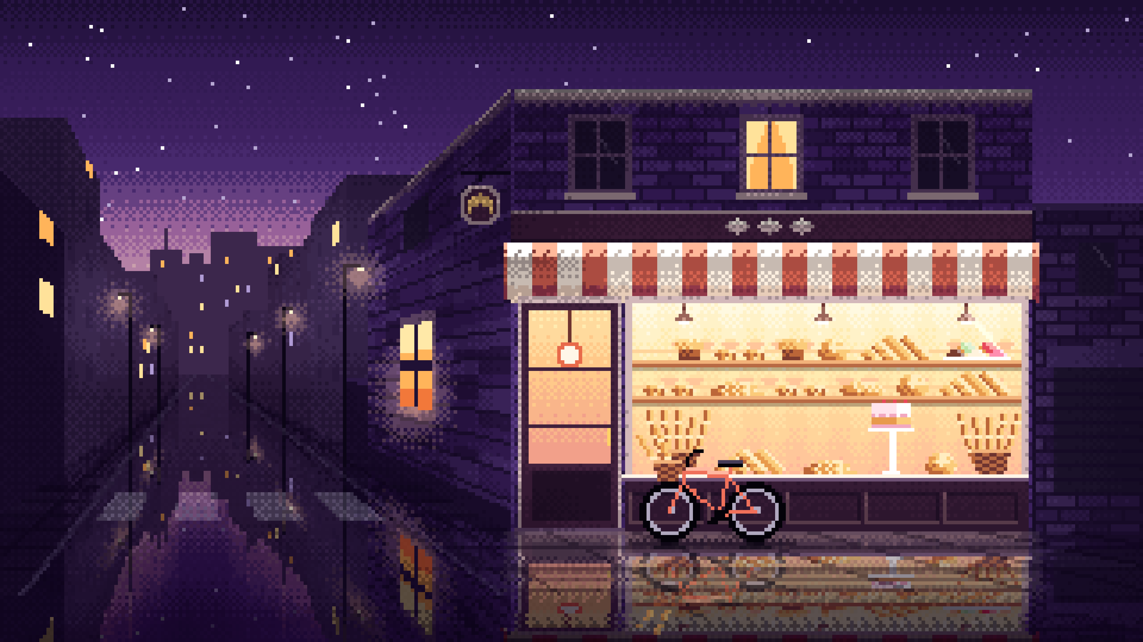 Dark Purple Pixel Art Corner Bakery desktop wallpaper in 4K