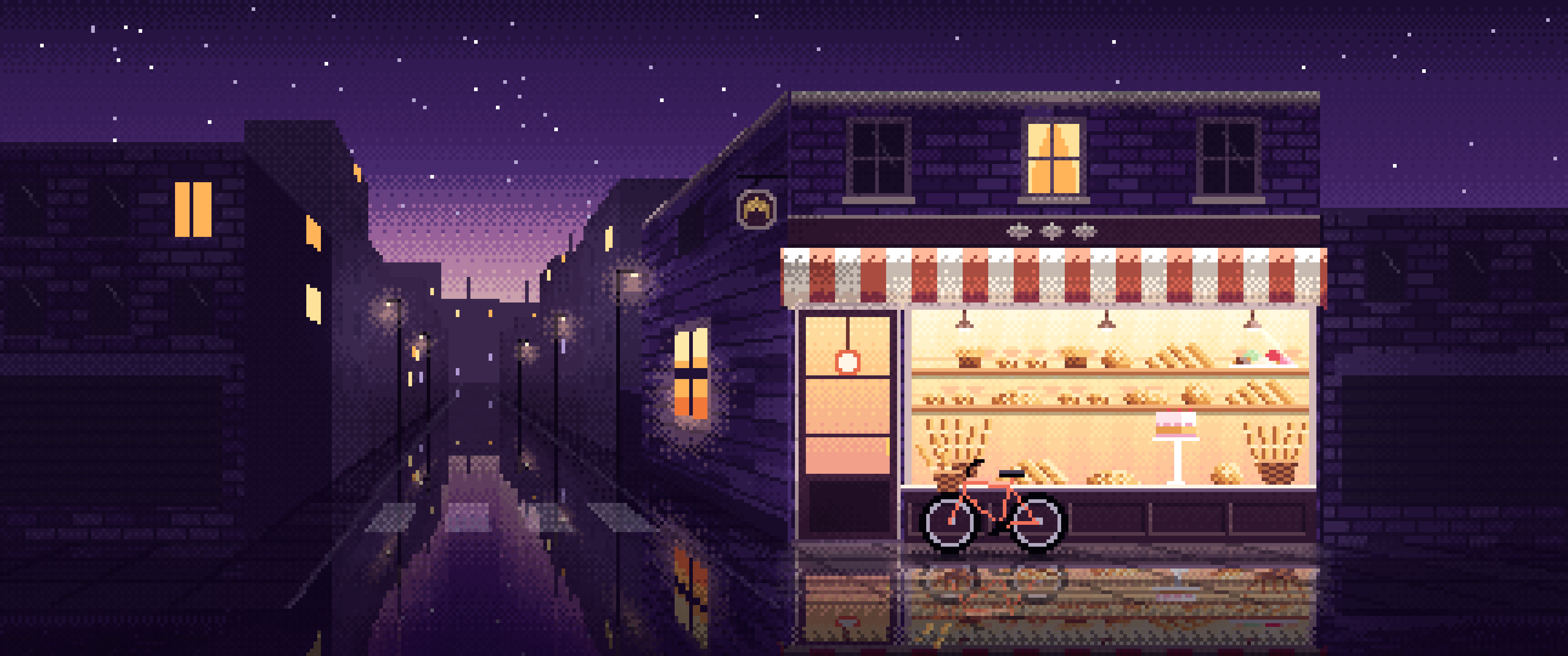 Dark Purple Pixel Art Corner Bakery ultrawide wallpaper, 3440 × 1440