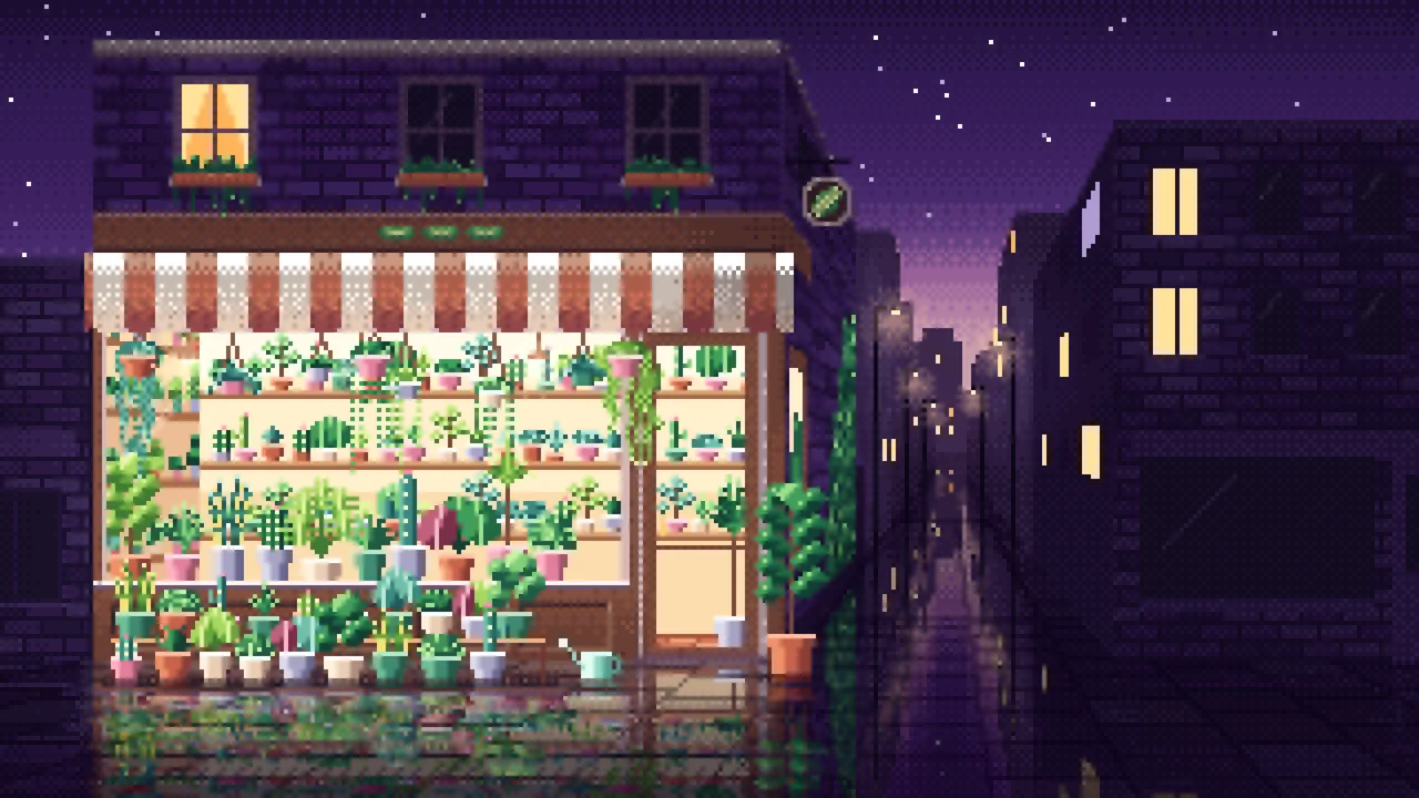 Dark Purple Pixel Art Corner Plant Shop desktop wallpaper in 4K