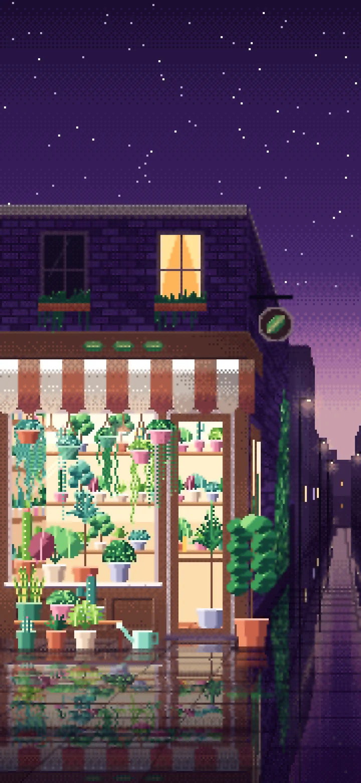 Dark Purple Pixel Art Corner Plant Shop wallpaper for iPhone and Android