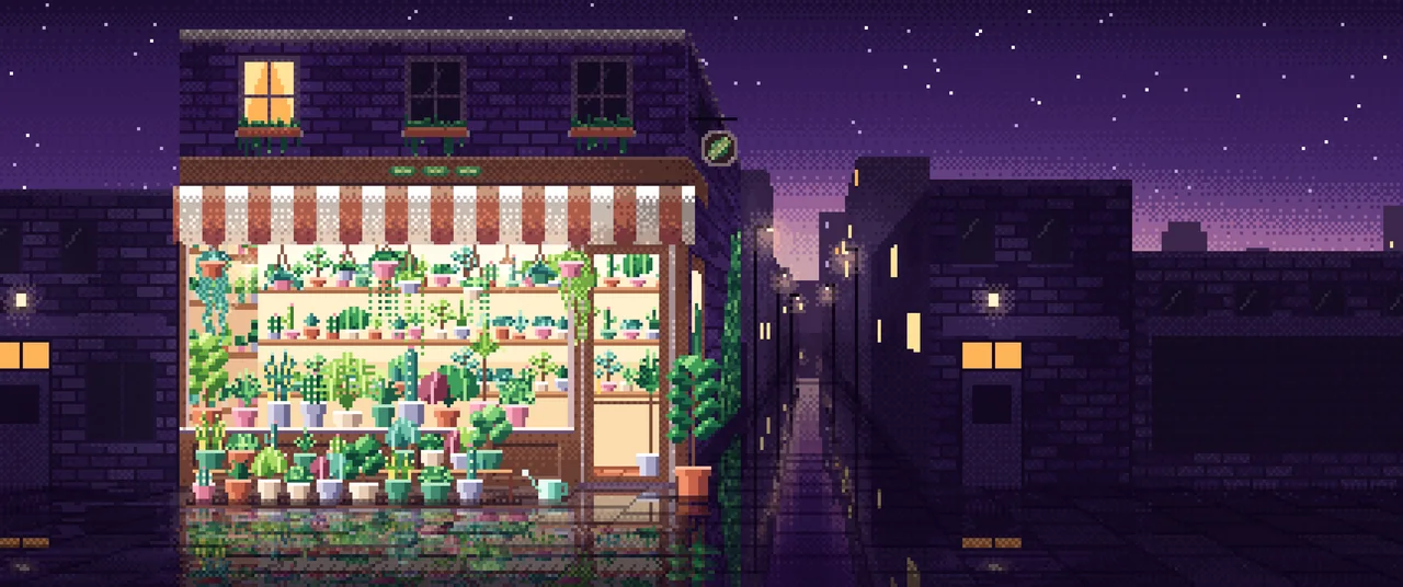 Dark Purple Pixel Art Corner Plant Shop ultrawide wallpaper, 3440 × 1440
