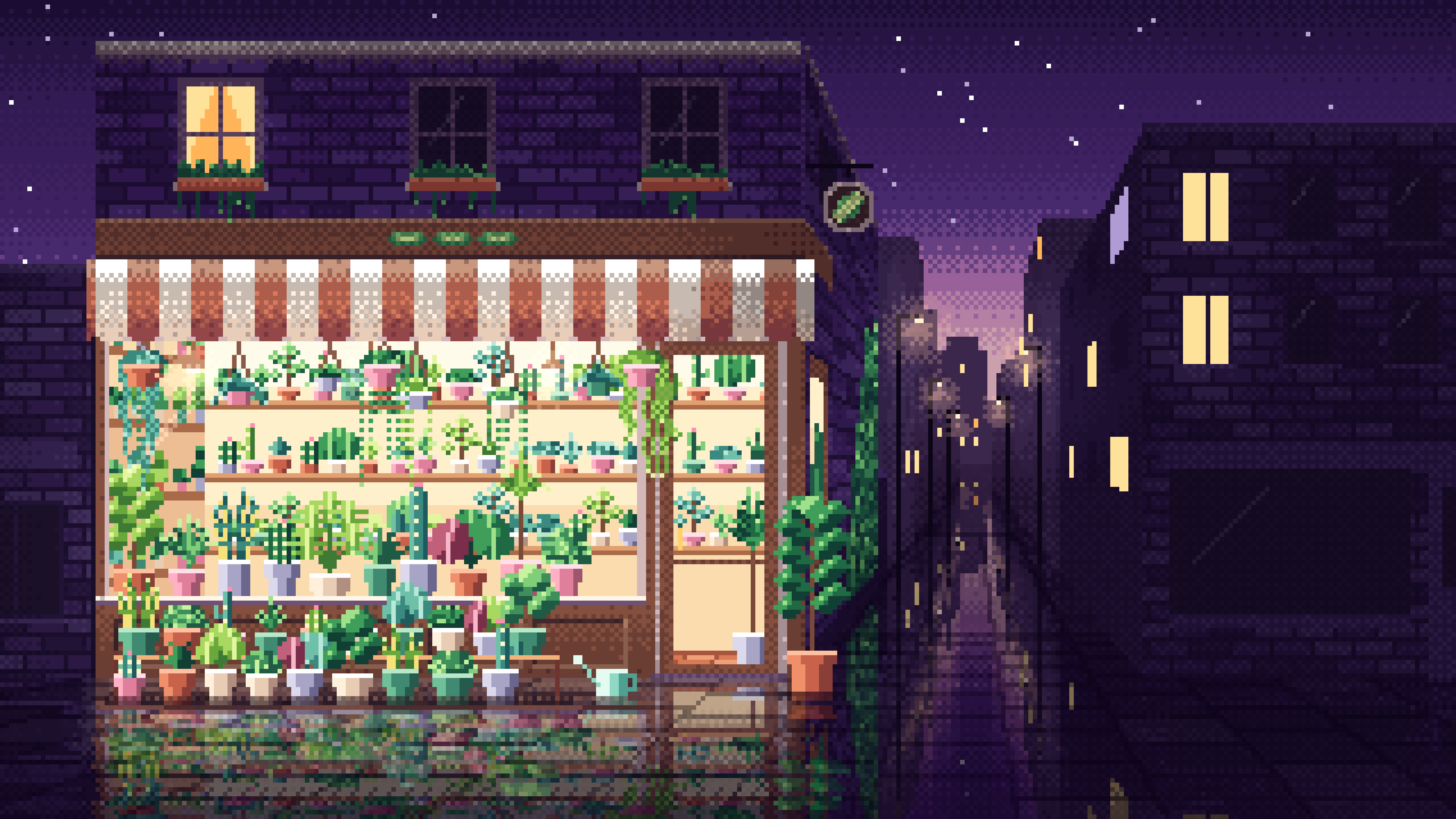 Dark Purple Pixel Art Corner Plant Shop desktop wallpaper in 4K