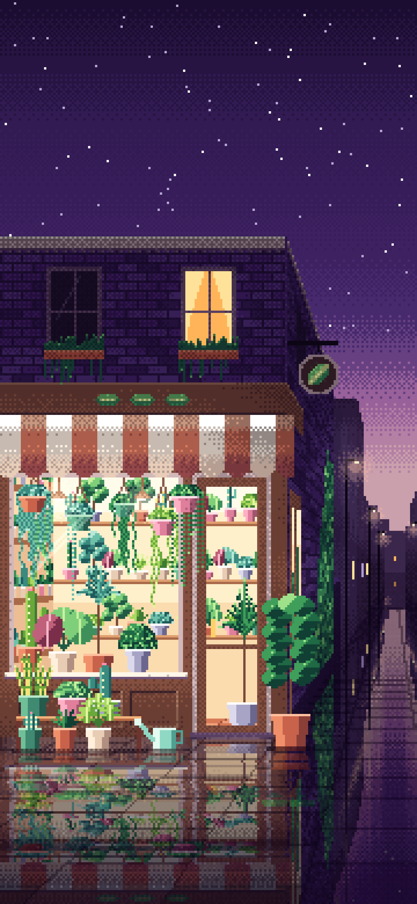 Dark Purple Pixel Art Corner Plant Shop wallpaper for iPhone and Android