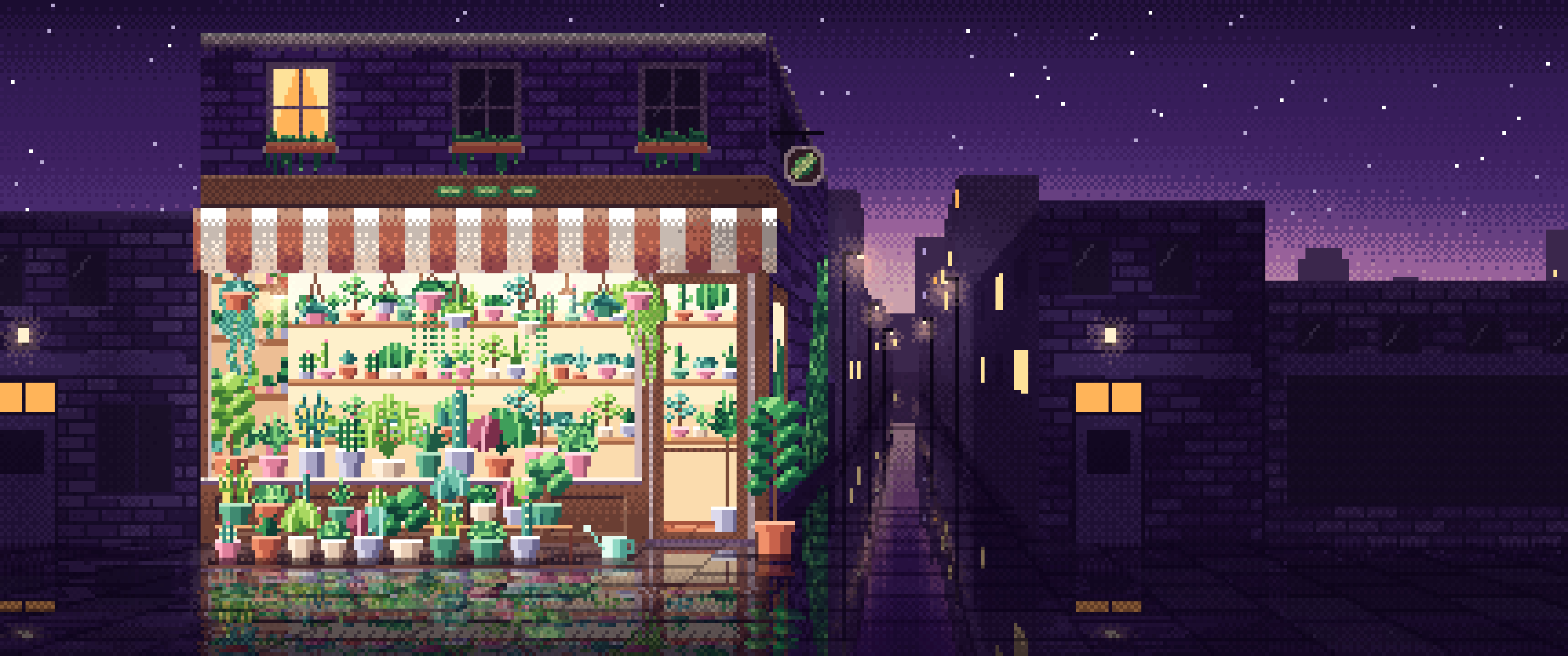 Dark Purple Pixel Art Corner Plant Shop ultrawide wallpaper, 3440 × 1440