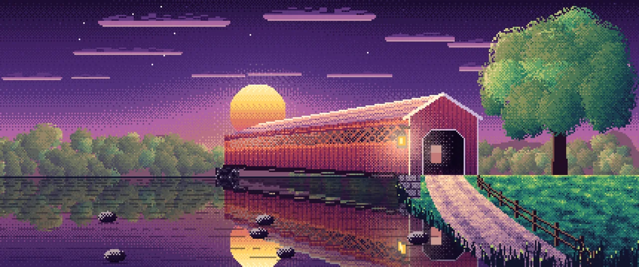 Dark Purple Pixel Art Covered Bridge at Sunset ultrawide wallpaper, 3440 × 1440