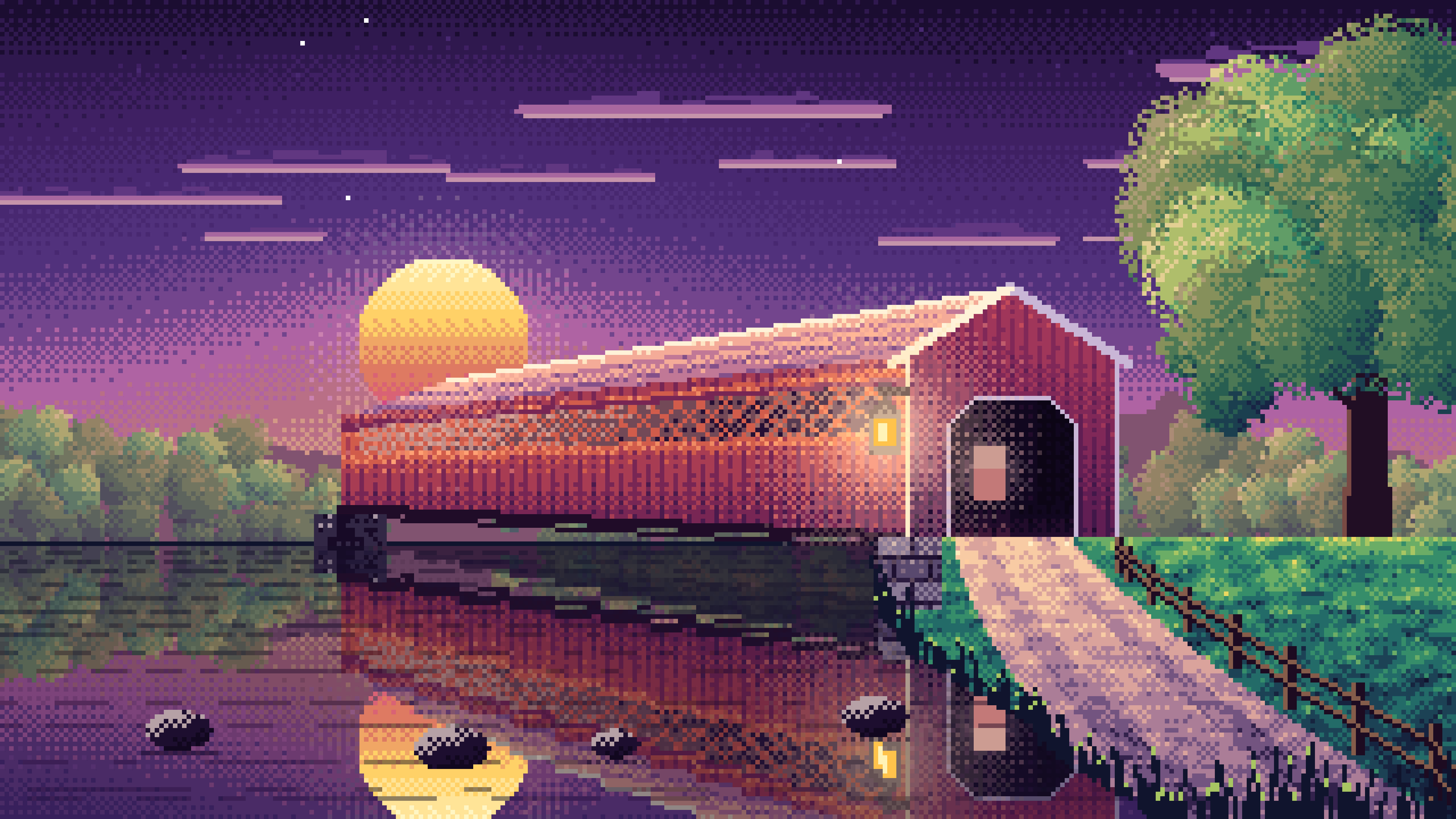 Dark Purple Pixel Art Covered Bridge at Sunset desktop wallpaper in 4K
