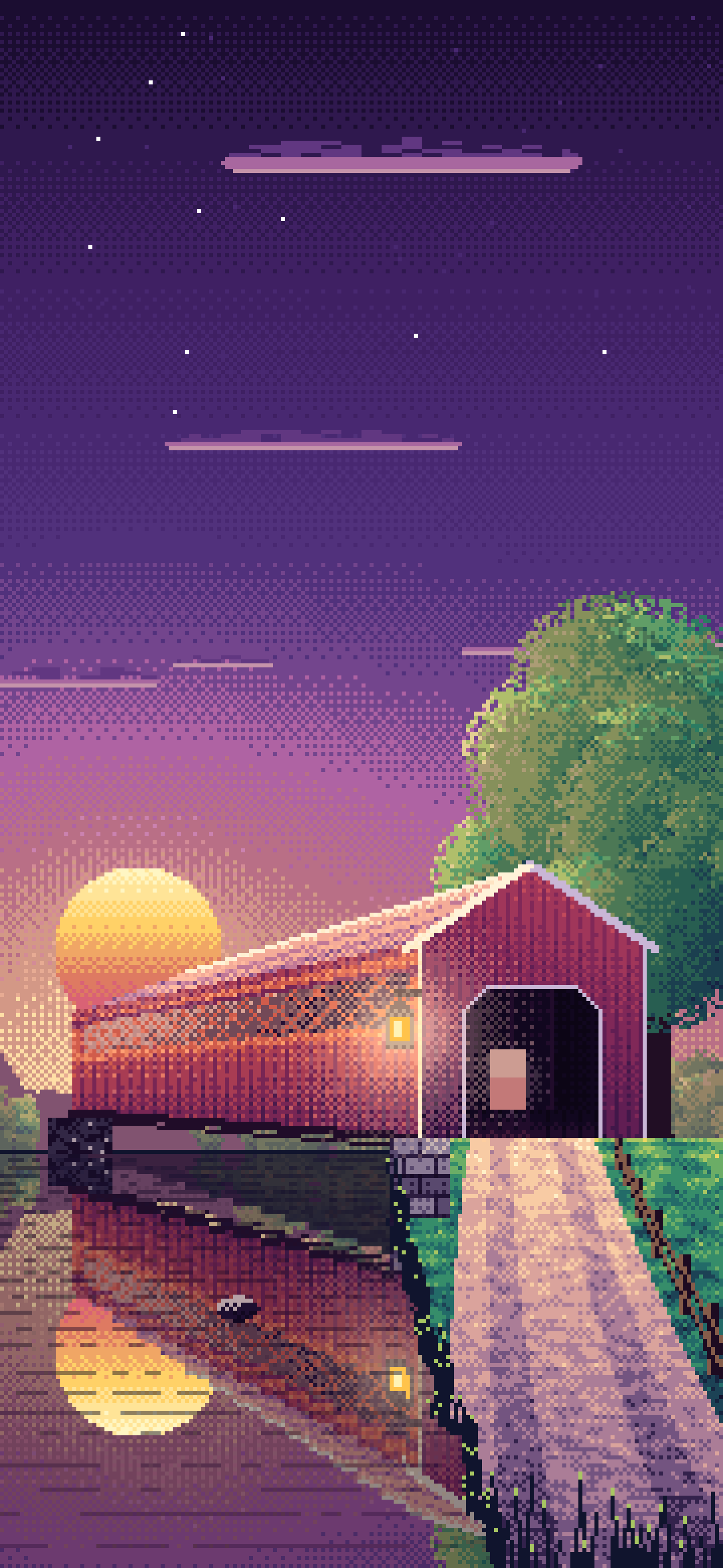 Dark Purple Pixel Art Covered Bridge at Sunset wallpaper for iPhone and Android
