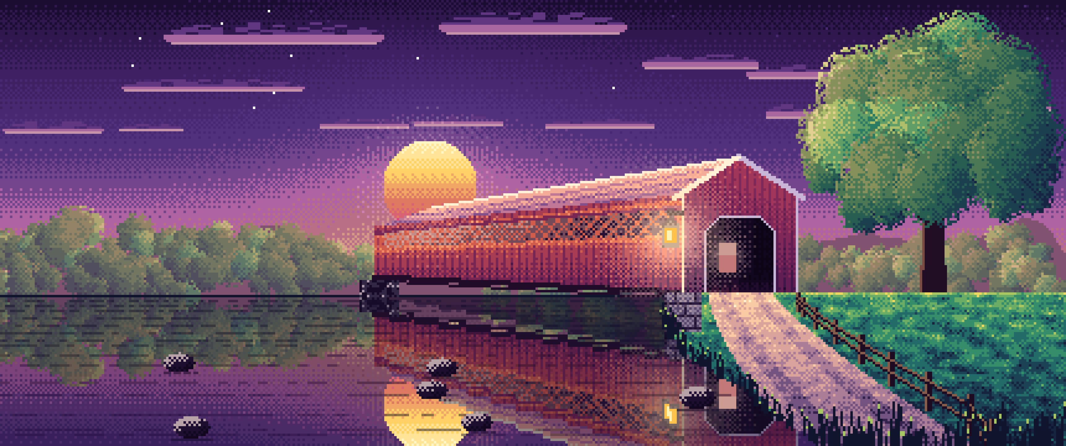 Dark Purple Pixel Art Covered Bridge at Sunset ultrawide wallpaper, 3440 × 1440