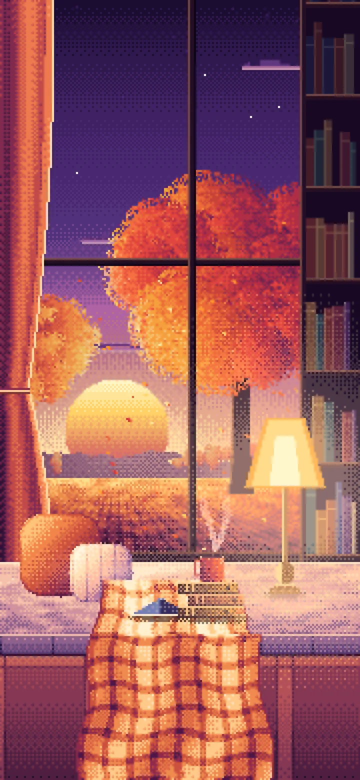 Dark Purple Pixel Art Cozy Fall Reading Nook at Sunset wallpaper for iPhone and Android