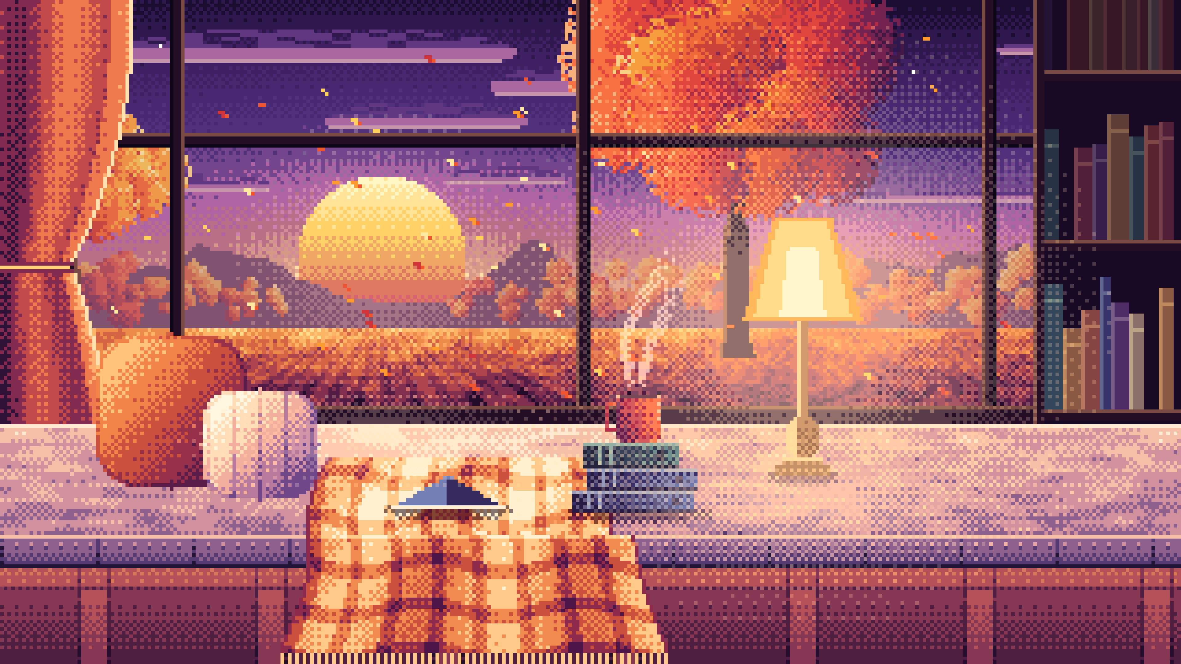 Dark Purple Pixel Art Cozy Fall Reading Nook at Sunset desktop wallpaper in 4K