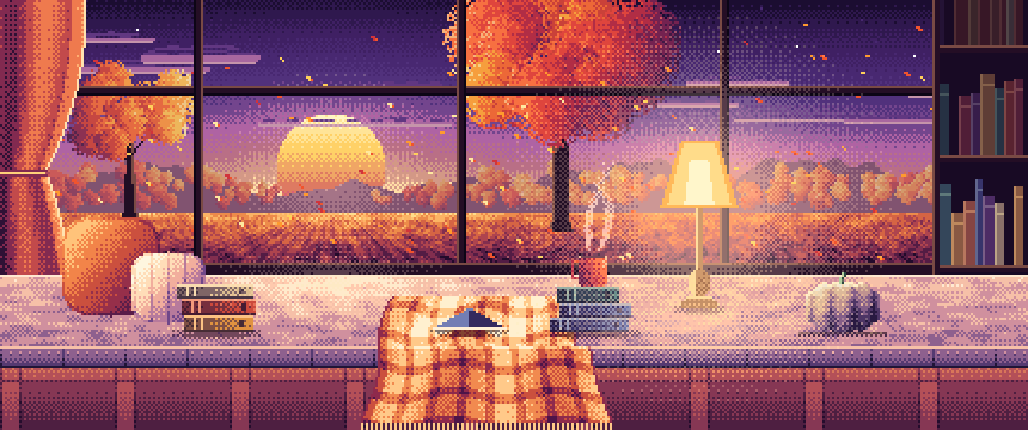 Dark Purple Pixel Art Cozy Fall Reading Nook at Sunset ultrawide wallpaper, 3440 × 1440