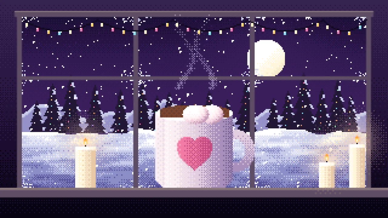 Dark Purple Pixel Art Cozy Winter Window desktop wallpaper in 4K
