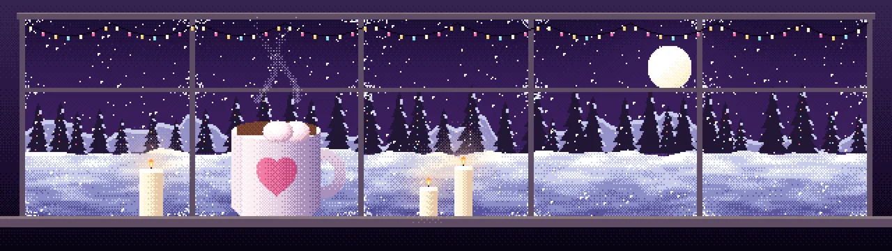 Dark Purple Pixel Art Cozy Winter Window dual monitor wallpaper, 7680 × 2160