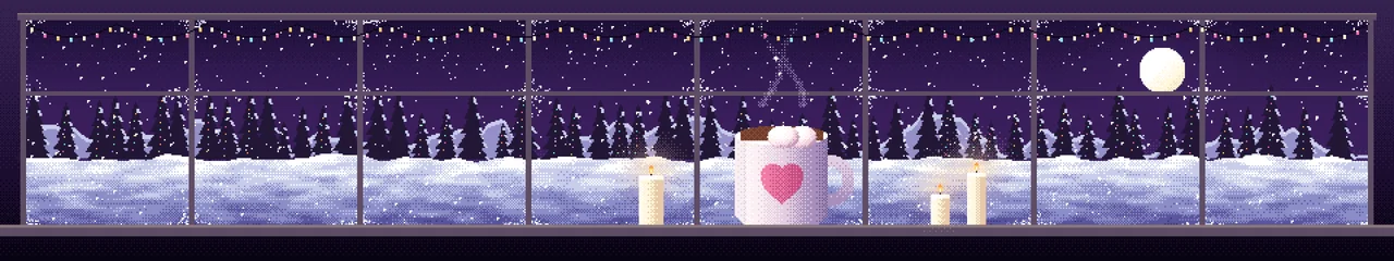 Dark Purple Pixel Art Cozy Winter Window triple monitor wallpaper, 7680 × 1440