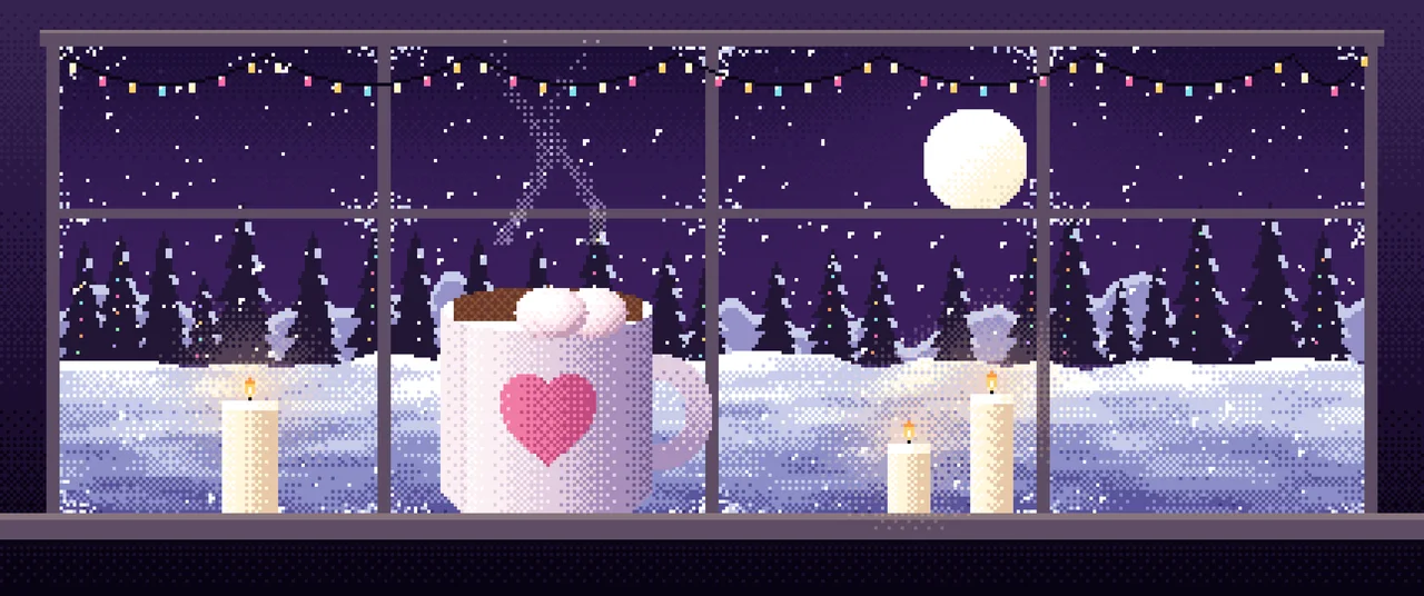 Dark Purple Pixel Art Cozy Winter Window ultrawide wallpaper, 3440 × 1440