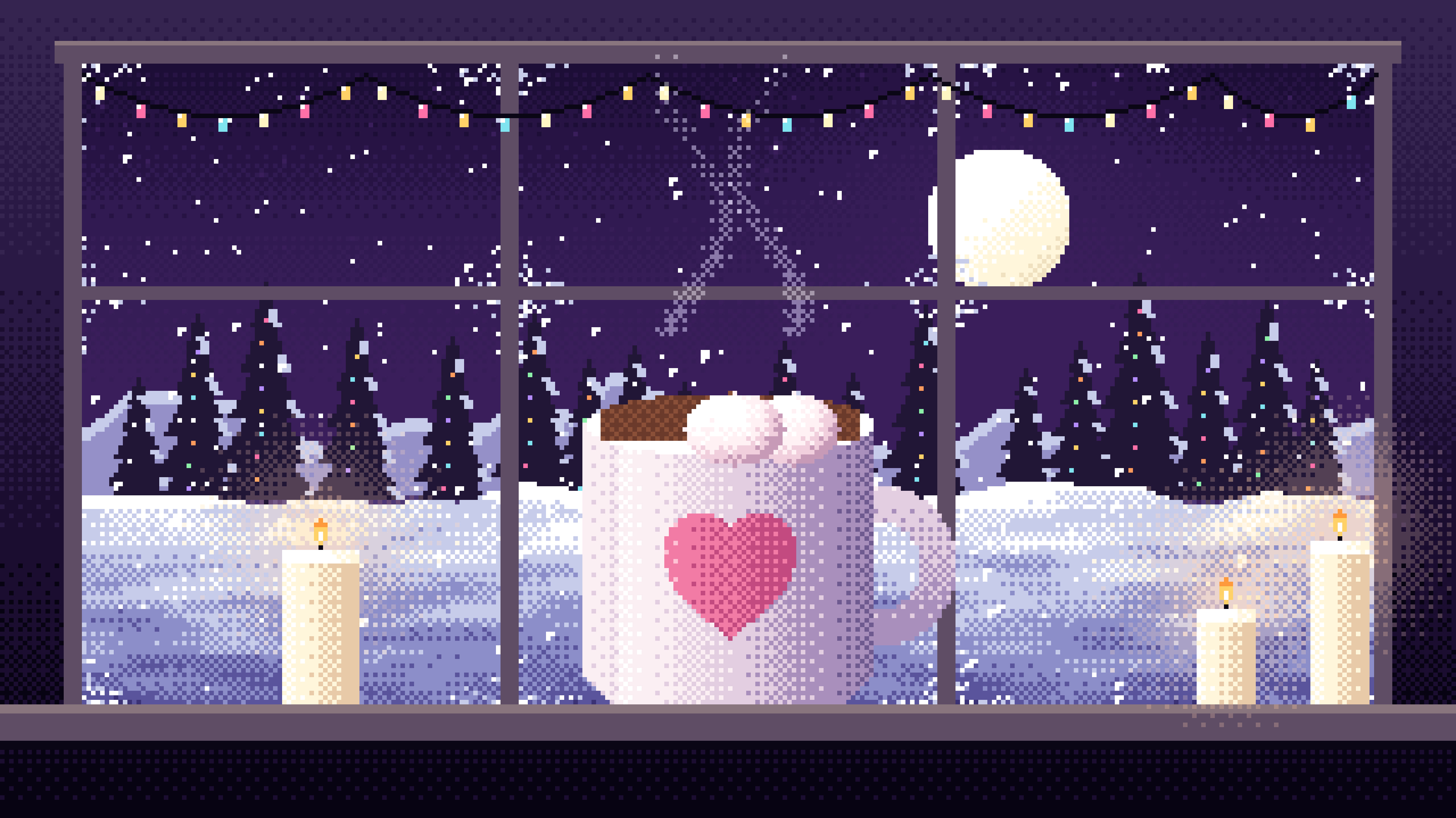 Dark Purple Pixel Art Cozy Winter Window desktop wallpaper in 4K