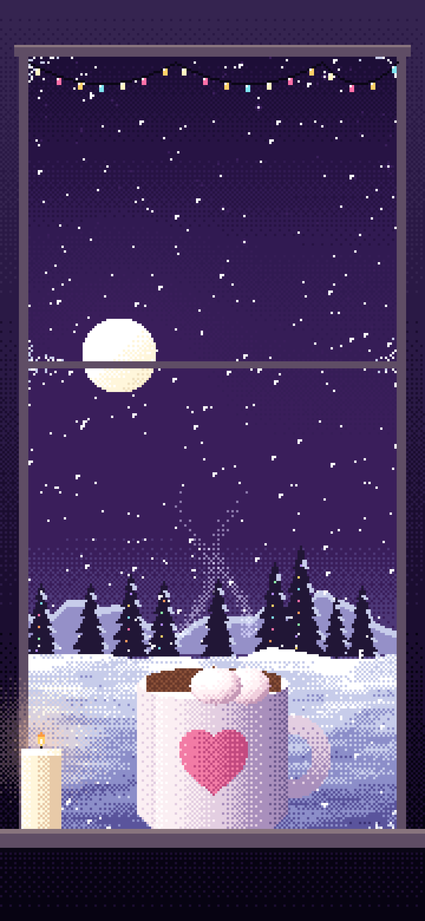 Dark Purple Pixel Art Cozy Winter Window wallpaper for iPhone and Android