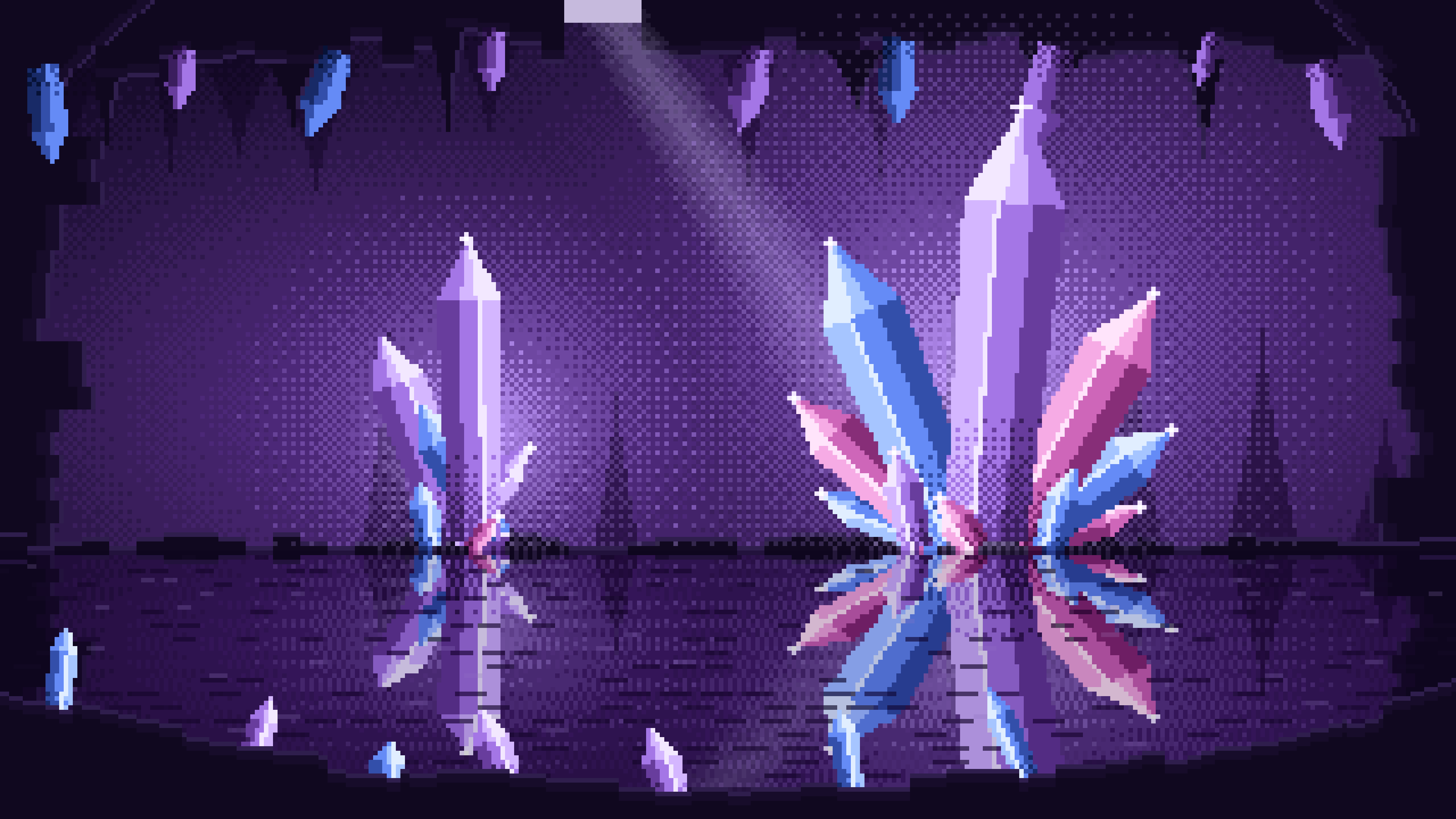 Dark Purple Pixel Art Crystal Cave desktop wallpaper in 4K