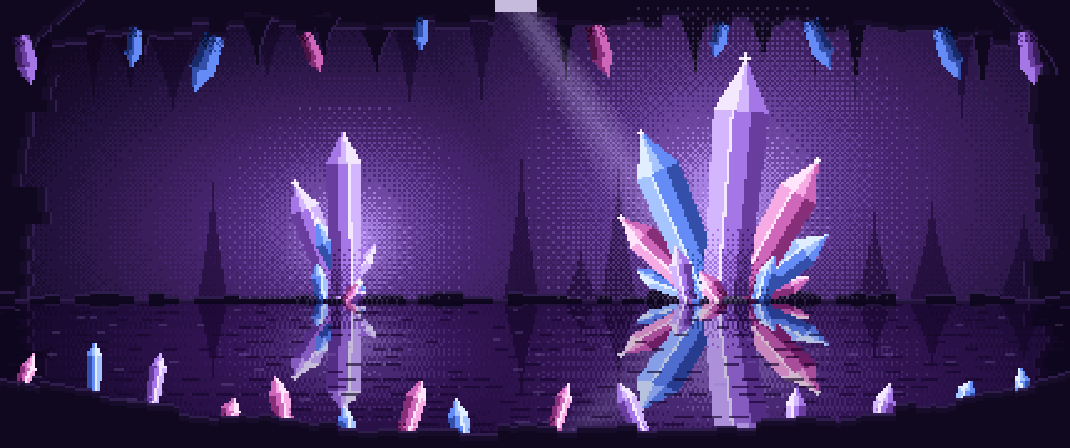 Dark Purple Pixel Art Crystal Cave ultrawide wallpaper, 3440 × 1440