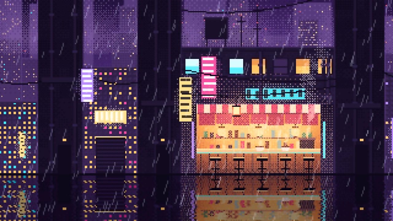Dark Purple Pixel Art Cyberpunk Alley in the Rain desktop wallpaper in 4K
