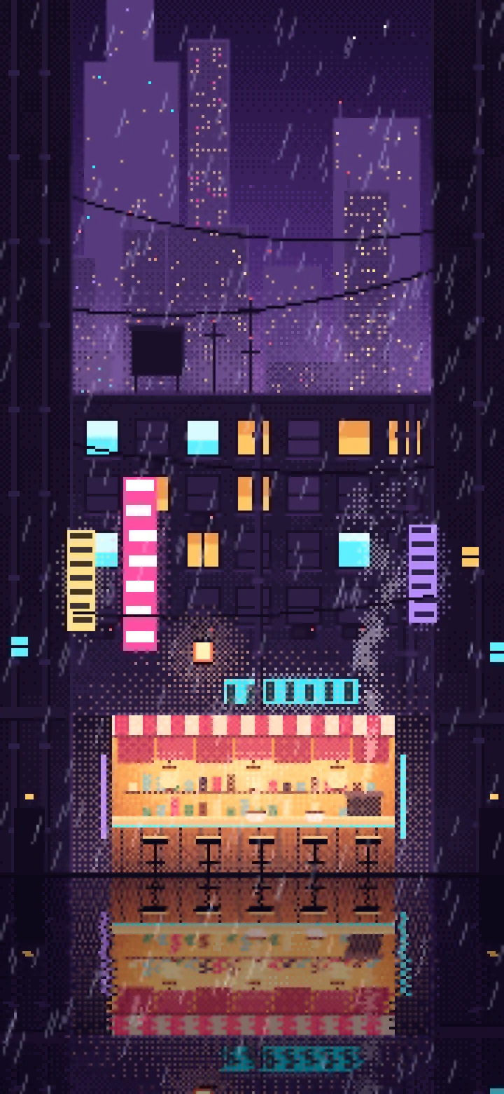 Dark Purple Pixel Art Cyberpunk Alley in the Rain wallpaper for iPhone and Android