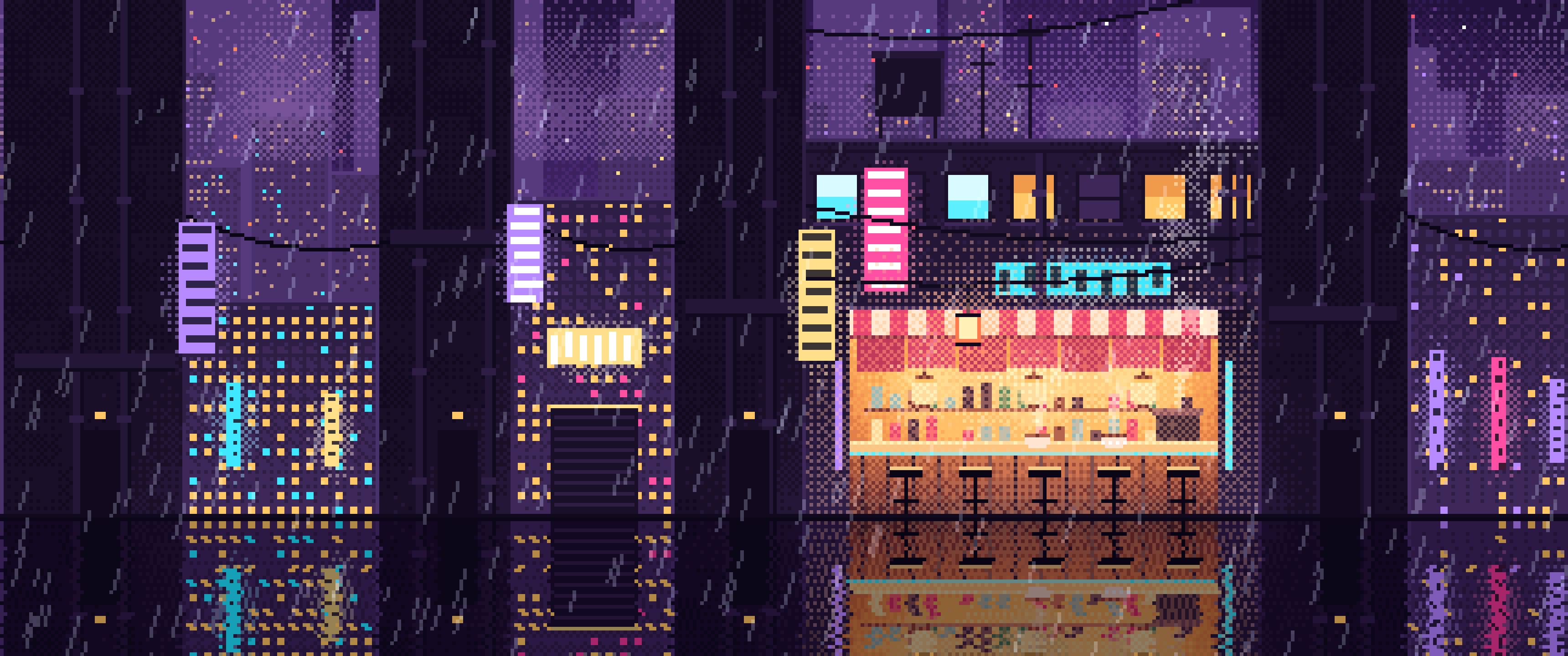 Dark Purple Pixel Art Cyberpunk Alley in the Rain ultrawide wallpaper, 3440 × 1440