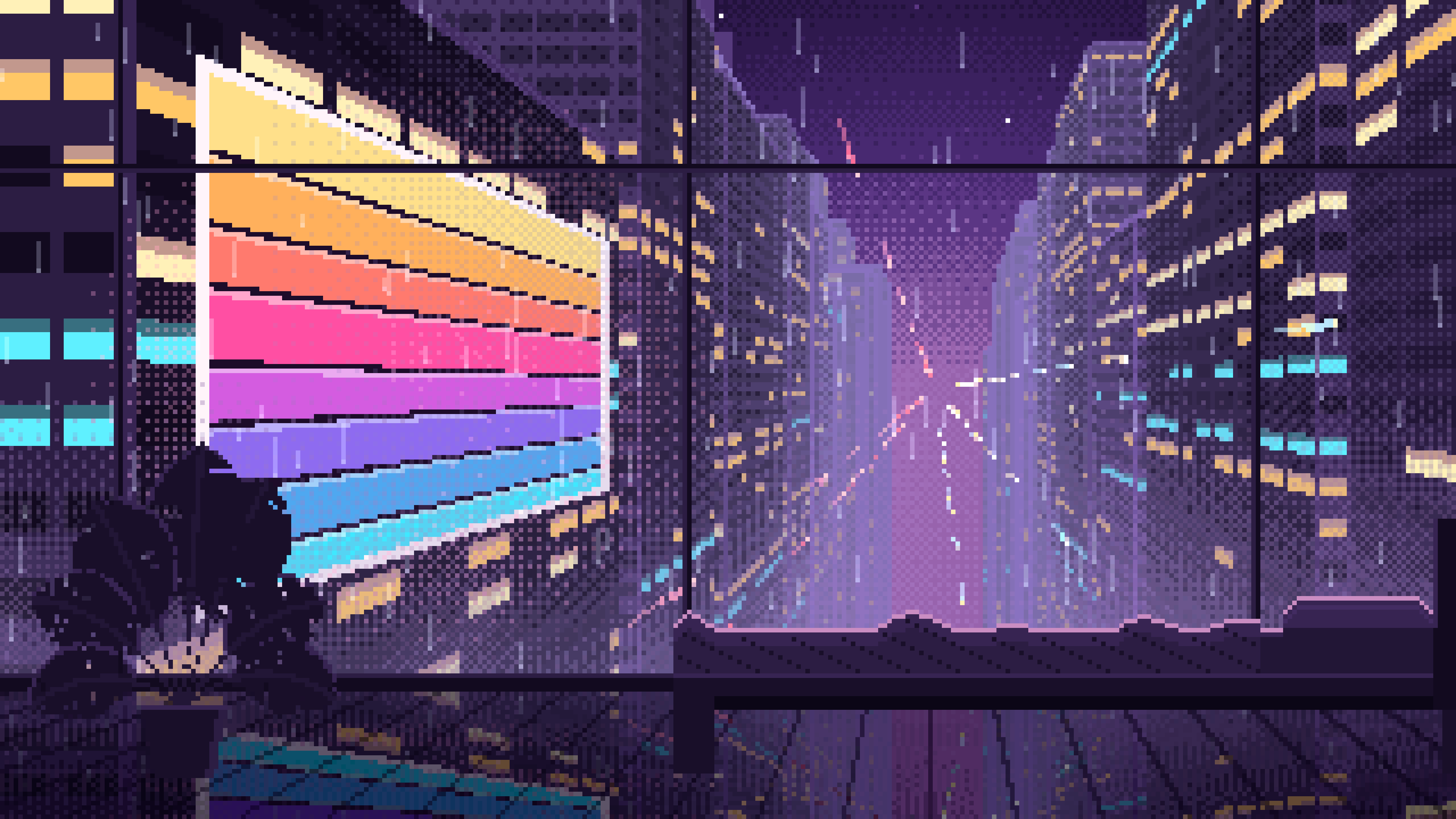 Dark Purple Pixel Art Cyberpunk Apartment Window at Night desktop wallpaper in 4K