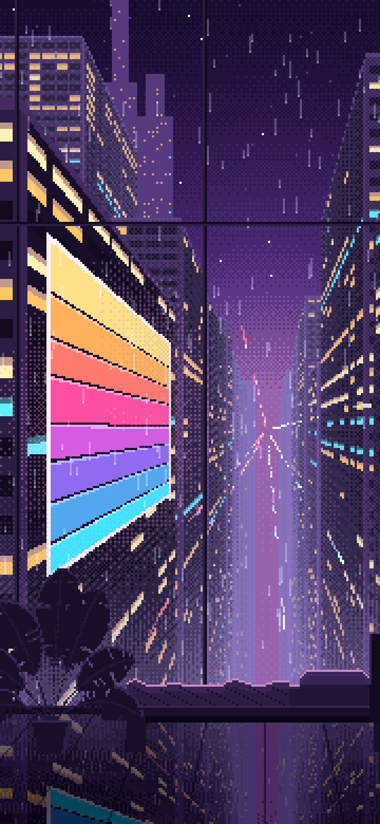 Dark Purple Pixel Art Cyberpunk Apartment Window at Night wallpaper for iPhone and Android