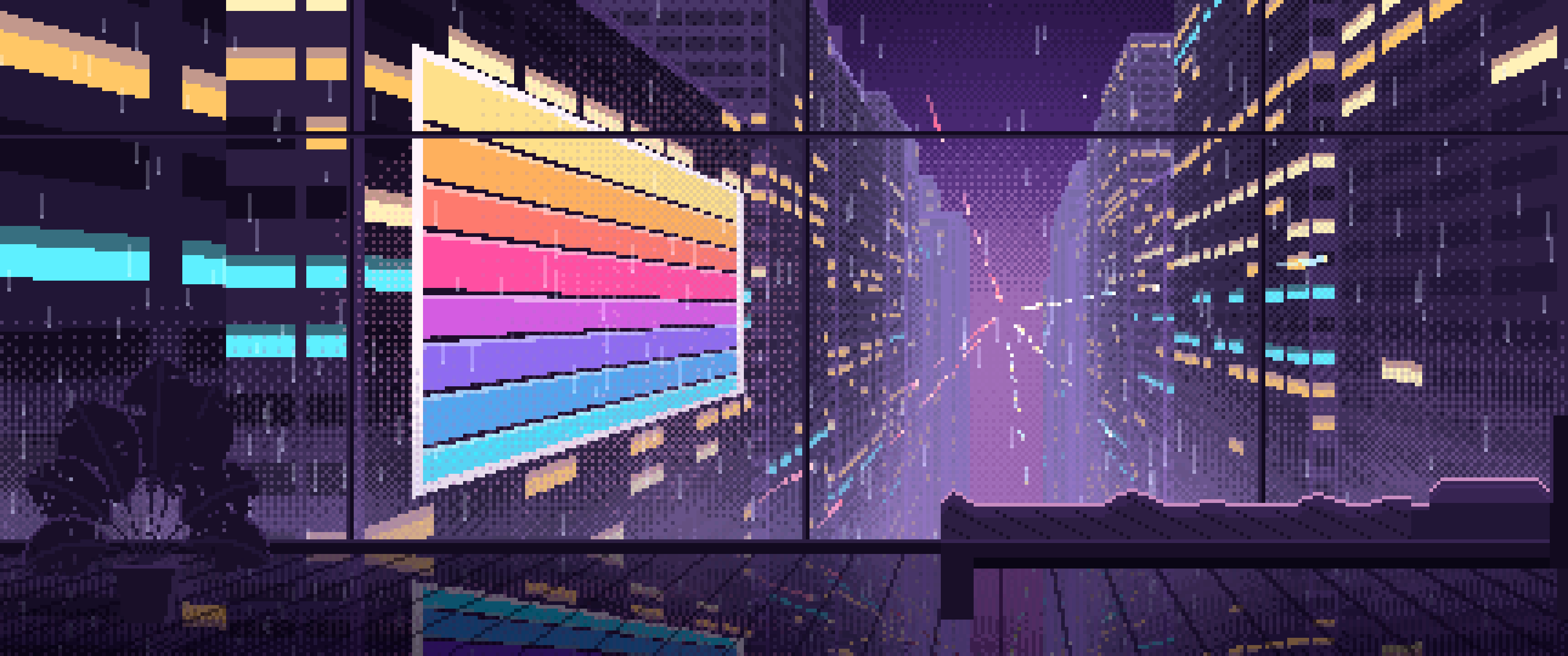 Dark Purple Pixel Art Cyberpunk Apartment Window at Night ultrawide wallpaper, 3440 × 1440