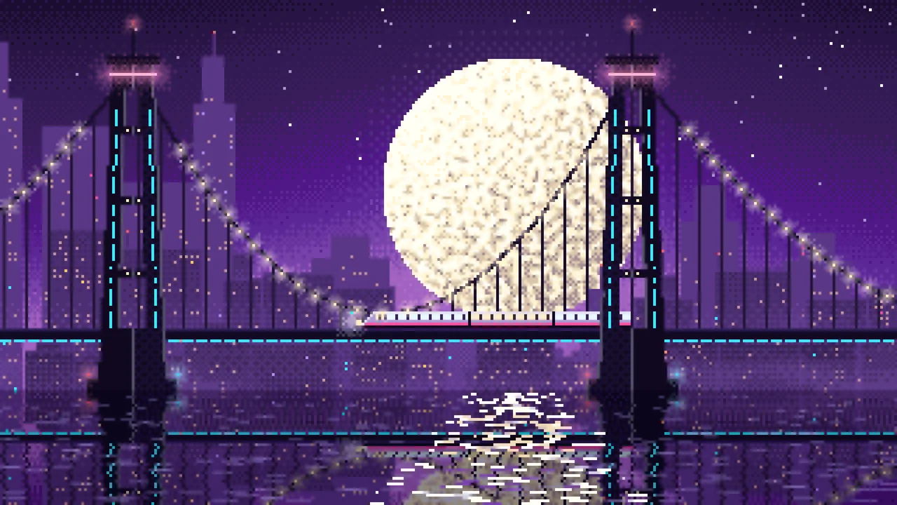 Dark Purple Pixel Art Cyberpunk Bridge at Night desktop wallpaper in 4K