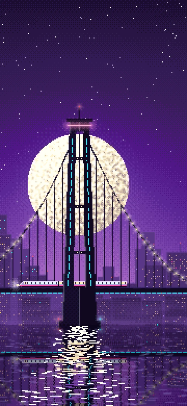 Dark Purple Pixel Art Cyberpunk Bridge at Night wallpaper for iPhone and Android