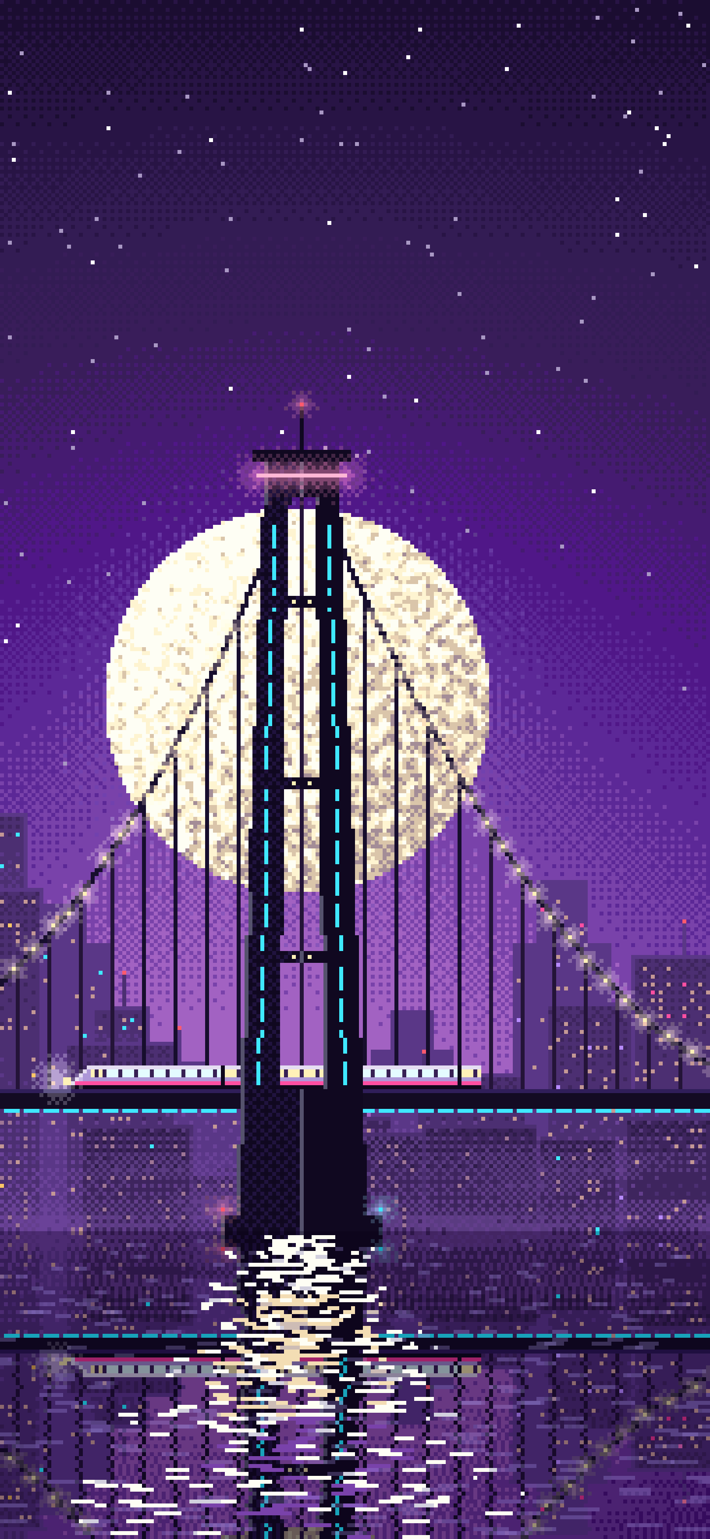 Dark Purple Pixel Art Cyberpunk Bridge at Night wallpaper for iPhone and Android