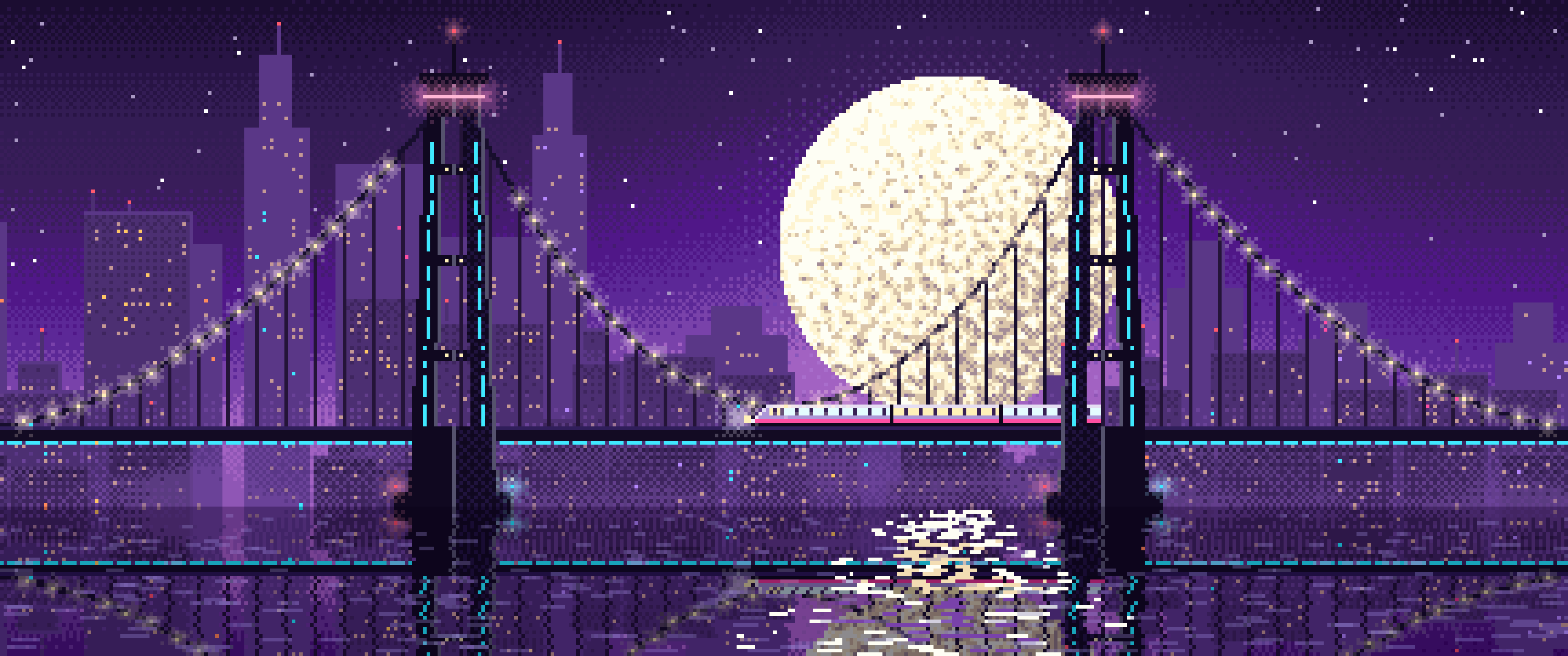 Dark Purple Pixel Art Cyberpunk Bridge at Night ultrawide wallpaper, 3440 × 1440