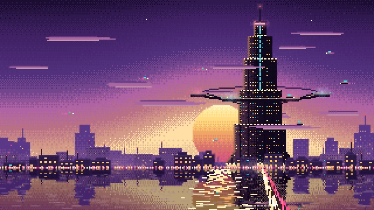 Dark Purple Pixel Art Cyberpunk Megatower at Dusk desktop wallpaper in 4K