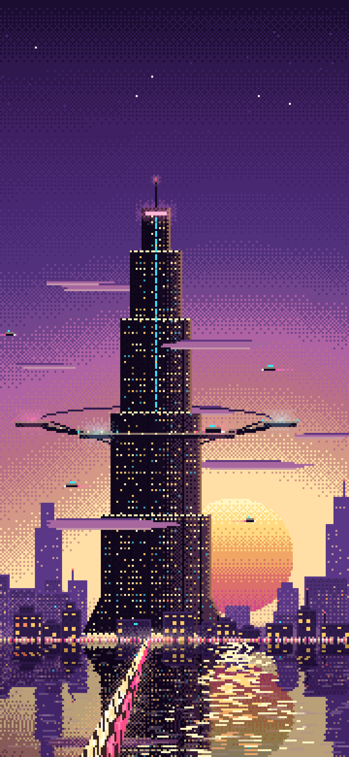 Dark Purple Pixel Art Cyberpunk Megatower at Dusk wallpaper for iPhone and Android