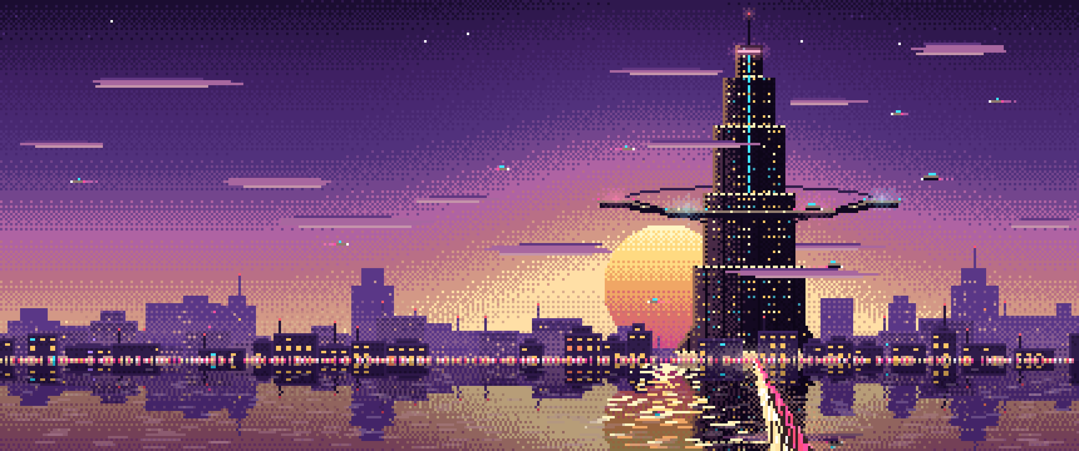 Dark Purple Pixel Art Cyberpunk Megatower at Dusk ultrawide wallpaper, 3440 × 1440