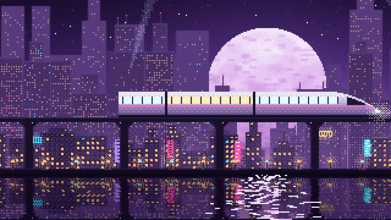 Dark Purple Pixel Art Cyberpunk Monorail and Moon desktop wallpaper in 4K