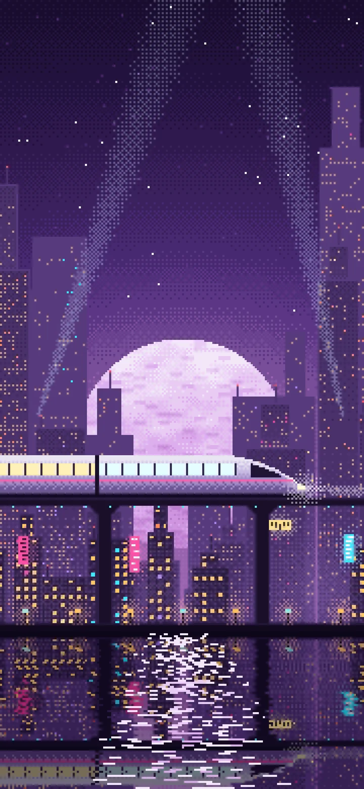 Dark Purple Pixel Art Cyberpunk Monorail and Moon wallpaper for iPhone and Android