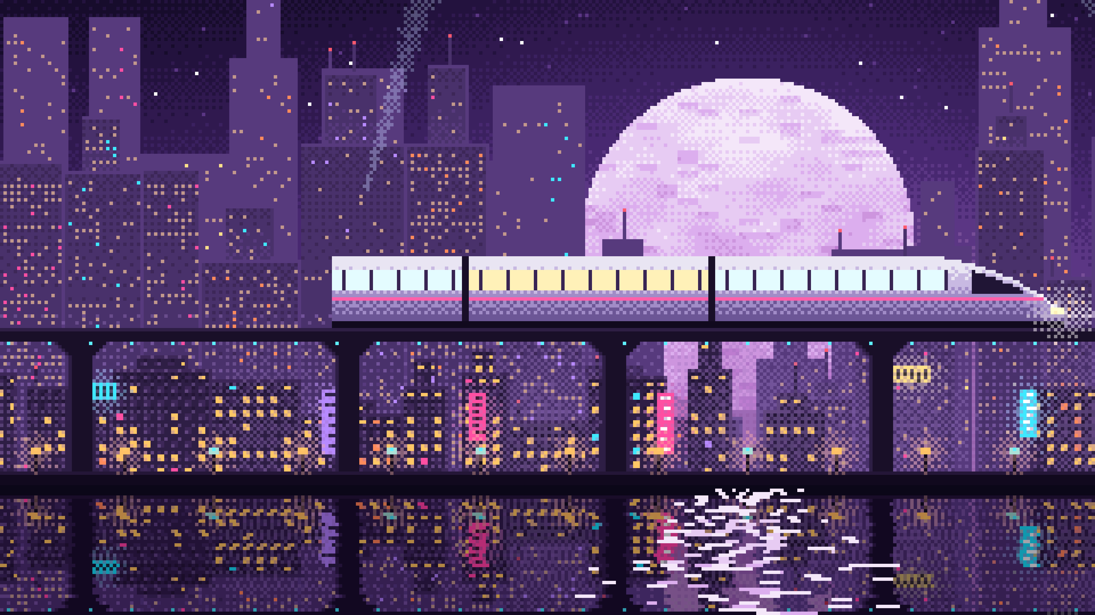 Dark Purple Pixel Art Cyberpunk Monorail and Moon desktop wallpaper in 4K