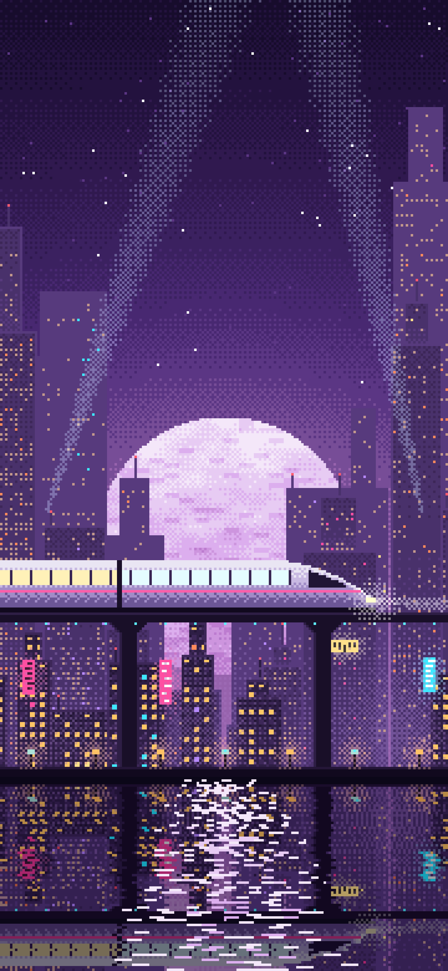 Dark Purple Pixel Art Cyberpunk Monorail and Moon wallpaper for iPhone and Android